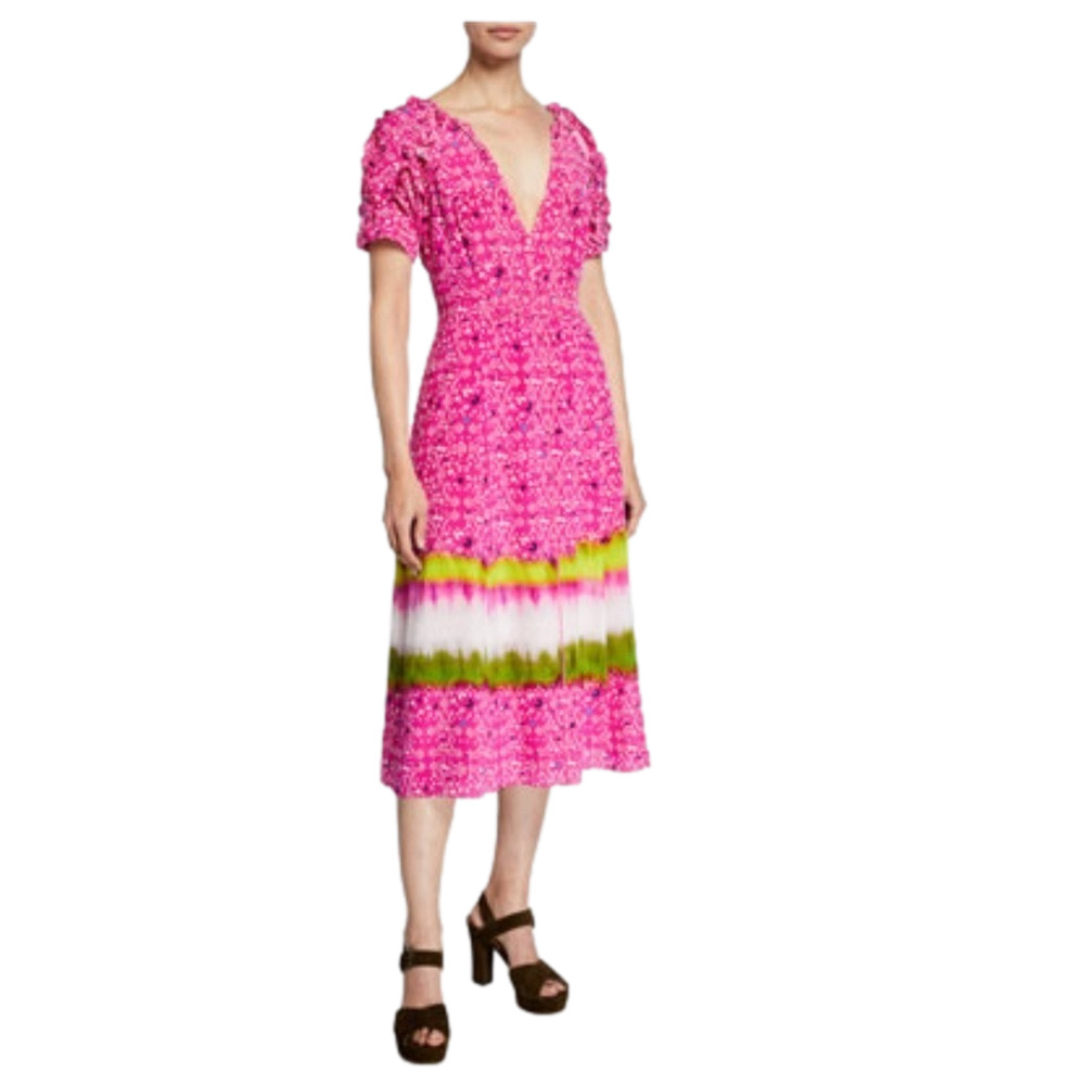Tanya Taylor Dress Midi Short Sleeve Fun Print Size 12 Euc